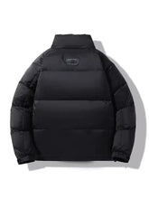 Men’s plus size black stand collar puffer jacket with horizontal stitching and side zipper pockets shown from the back