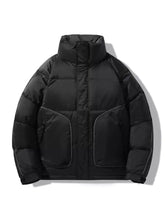 Men’s plus size black stand collar puffer jacket with quilted panels and gray stitching machine wash cold tumble dry low