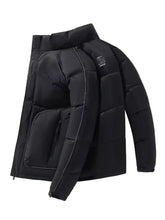 Men’s plus size black quilted stand collar puffer jacket with white stitching and side zipper pockets machine wash cold tumble dry low