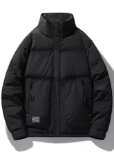 Men’s plus size black stand collar puffer jacket with quilted design and side zipper pockets for winter wear