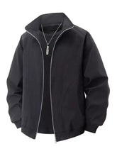 Men plus size black lightweight windbreaker jacket with silver zipper and subtle seam detailing in dark gray matte finish