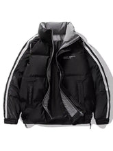 Men’s plus size striped padded black puffer jacket with gray lining and white stripes down the sleeves