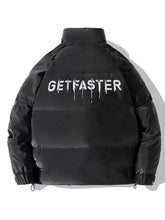 Men’s plus size striped padded black puffer jacket with get faster white graffiti-style lettering on the back