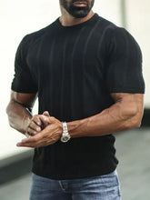 Mens plus size striped round neck black t-shirt with short sleeves