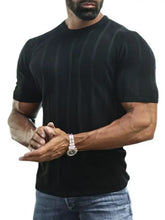 Mens plus size striped round neck black t-shirt with ribbed texture