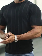 Mens plus size striped round neck black t-shirt with silver watch