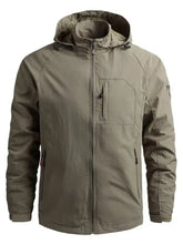 Men’s plus size tactical hooded softshell jacket in khaki with front zipper chest and side pockets