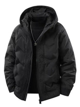 Men’s plus size black hooded puffer jacket with quilted texture cable-knit zipper placket and ribbed cuffs