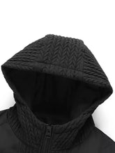 Black quilted hood with herringbone stitch on men’s plus size texture hooded puffer jacket for warmth and style