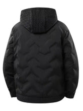 Men’s plus size black quilted hooded puffer jacket with textured knit hood and ribbed cuffs for cold weather