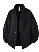 Men’s plus size textured black bomber jacket with silver buttons and stand-up collar casual outerwear