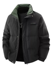 Men’s plus size black ribbed puffer jacket with olive green inner collar featuring textured outer shell and functional pockets