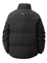 Men’s plus size black corduroy puffer jacket with quilted panels, high collar, long sleeve length, and outer shell pockets