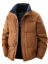 Men’s plus size tan corduroy puffer jacket with dark blue inner lining front zipper and textured outer shell features pockets and full sleeve length