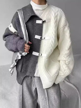 Men’s plus size two-tone buckle closure knit cardigan in gray white