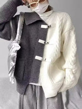 Men’s plus size two-tone buckle closure knit cardigan in gray and off-white