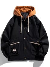 Men’s plus size two-tone black hooded jacket with tan lining, white drawstrings, silver-striped pockets, and full sleeve length