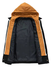 Men’s plus size orange hooded winter jacket with black trim white piping and long sleeve length button-up design