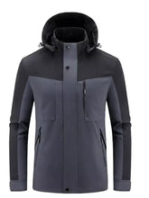 Men’s plus size two tone hooded outdoor jacket in dark gray waterproof fabric with detachable hood and zippered pockets