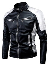 Men’s plus size two tone slim fit motorcycle jacket in black and white faux leather with quilted shoulder panels