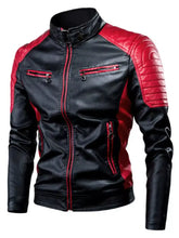 Men’s plus size two tone slim fit motorcycle leather jacket in black and red faux leather with quilted shoulder panels