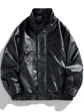 Men’s plus size urban style black faux leather bomber jacket with high collar and elasticized cuffs machine wash tumble dry