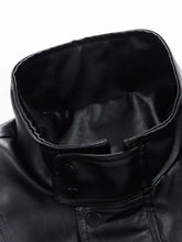 Men’s plus size urban style black faux leather jacket with high collar snap-button closure machine wash tumble dry