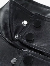 Men’s plus size urban style black faux leather jacket with silver and black snap buttons, machine wash tumble dry