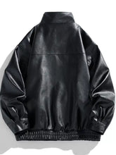 Men’s plus size urban style black faux leather bomber jacket with high collar and elasticized waistband machine wash tumble dry