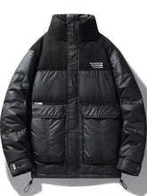 Men’s plus size urban style black puffer jacket with quilted panels high collar front pockets and white logo patch