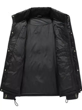 Men’s plus size urban style black puffer jacket with quilted interior and snap buttons along the sides