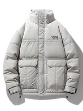 Men’s plus size urban style light gray padded winter coat with high collar and two large front pockets