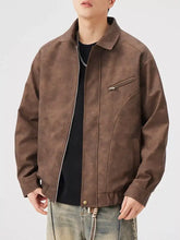 Men’s plus size vintage style brown suede-like bomber jacket with subtle mottled texture and classic collar zip up leather jacket