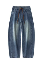 Men’s plus size blue denim jogger pants with vintage wash wide leg jeans and brown drawstring waistband