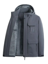 Men’s plus size warm fleece lined winter coat in dark gray with insulated fabric fleece hood and multiple pockets