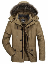 Men’s plus size warm winter coat in tan with fur lined hood and black snap buttons for cold weather use