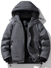 Men’s plus size dark gray warm padded hooded puffer jacket with front zipper, side pockets, and machine wash care