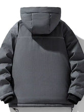 Men’s plus size dark gray warm padded hooded puffer jacket with quilted hood and subtle stitching details machine wash tumble dry sleeve length