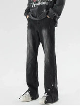 Men’s plus size black distressed washed flare jeans with snap-down hem and buttoned cuffs on flared legs