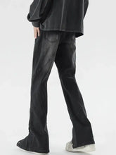 Men’s plus size black denim washed flare jeans with distressed vintage wash and visible stitching details