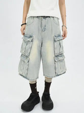 Men’s plus size washed light-wash denim cargo capris jeans with multiple flap pockets and relaxed wide-leg cut