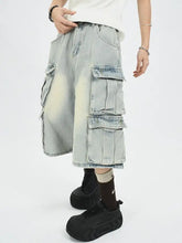 Men’s plus size washed light-wash denim cargo capris jeans with multiple flap pockets and a distressed look