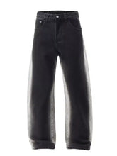 Men’s plus size black wide-leg denim jeans with faded distressed finish and classic five-pocket design