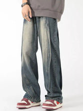 Men’s plus size washed wide leg jeans in dark wash denim with faded distressing and relaxed fit