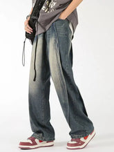 Men’s plus size washed wide leg jeans in denim with a faded two-tone wash from dark blue to grayish-blue