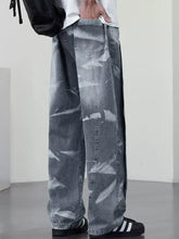 Men’s plus size gray denim washed wide-leg jeans with faded distressed look and black vertical side stripes