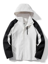 Men’s plus size waterproof hooded outdoor jacket in white and black with sleek paneling and subtle chest branding