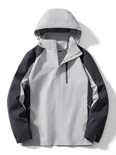 Men’s plus size waterproof hooded outdoor jacket in gray and black two-tone with front zipper and subtle logo on chest