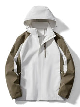 Men’s plus size waterproof hooded outdoor jacket in white and olive green with sleek design and subtle chest branding
