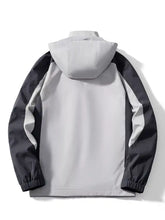 Men’s plus size waterproof hooded outdoor jacket in gray and black two-tone with elastic cuffs for weather protection